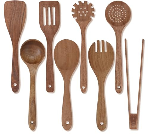 HMIEPRS Set de 8 Utensilios de Cocina Madera, Antiadherente Cuchara de Madera Natural para Cocinar, Resistente al Calor Utensilios de Cocina Set Incluye Espátula Cucharas Ensalada Tenedor