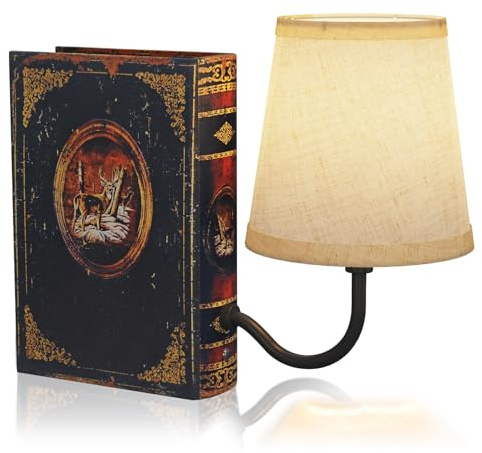 FUNTAPHANTA Lámpara de estantería vintage recargable, lámpara de libro inalámbrica con pantalla de lino, lámpara de mesa de control táctil regulable, sujetalibros decorativo moderno, luces de