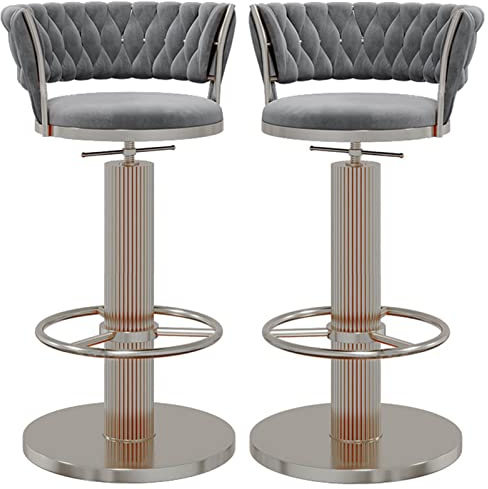 Tabourets de Bar avec Chaise arrière pivotante, siège en Velours et Base de Repose-Pieds en Argent, îlot de Cuisine Moderne, Salle de Bar réglable, 2 pcs (Couleur: Gris)