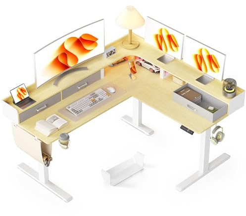 WALKINGDESK L-formad Höjdjusterbart Skrivbord med 3 lådor, 160 x 140 cm Elektriskt Datorskrivbord med Minnesfunktion, Höj- Och Sänkbart Elektriskt Hörnskrivbord, Ergonomiskt Ståbord, Ek