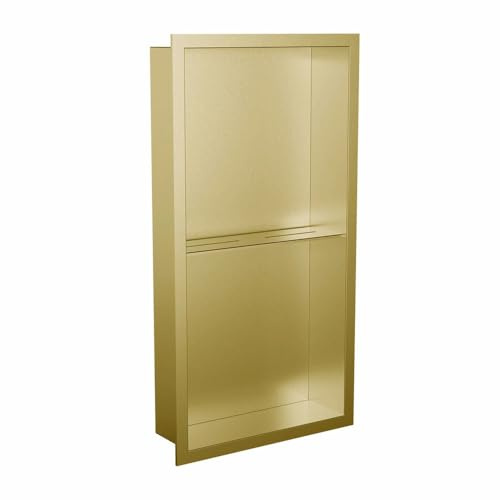 NWT Direct 300 x 600mm Brushed Brass Stainless Steel Shower Niche Rectangle with Shelf/Divider Pre-Built Wetroom Shower Shelving 100% Waterproof Easy Installation Pre-Built
