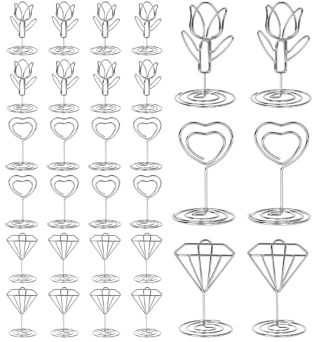 Alyxen 30 Piezas Soporte para Tarjetas, Soporte Tarjetas Mesa Boda, Soportes para Tarjeta de Lugar, Porta Fotos, Números de Mesa y Menús con Clip para Bodas Banquetes (Corazón, Tulipán, Diamante)
