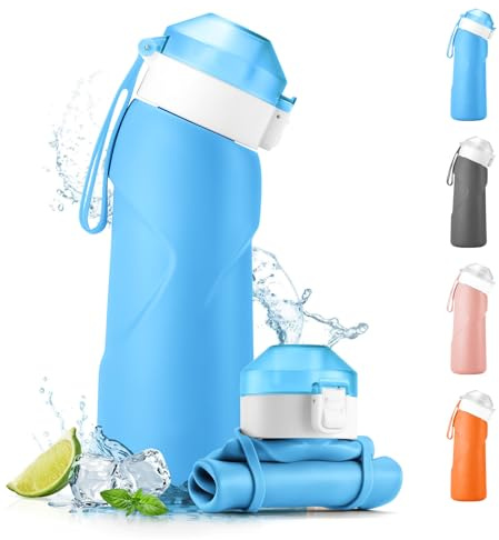 Fancysky Gourde Pliable 700ml, Gobelet Pliable silicone Sans BPA, Étanche, Compacte et Légère, Idéale pour Randonnée, Camping, Usage Quotidien, Bouteille d'eau Sport (Bleu)