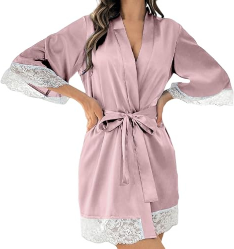 Satin morgonrockar för kvinnor, damer satin lätt, V-ringad bröllopsfest morgonrock spetskant kimono morgonrockar mjuka sidenrockar 3/4 ärm kimono nattklänningar myskläder