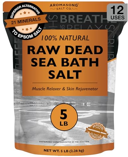Aromasong Raw Dead Sea Bath Salt - Minimally Cleaned, Contains More Dead Sea Minerals Including Dead Sea Mud - 100% Pure & Natural Dead Sea Salts for Soaking 5 LB - Bulk Resealable Pack