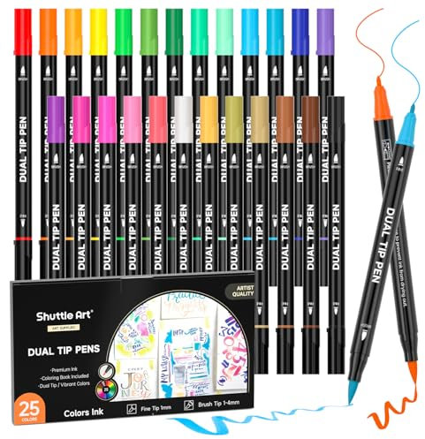 Shuttle Art Dual Brush Pen Set, 25 doppelseitige Pinselstifte, Filzstifte Dicke und Dünne, Aquarellstifte mit Malbuch für Kinder, Filzstifte für Erwachsene zum Malen Handlettering, Kalligraphie Stifte