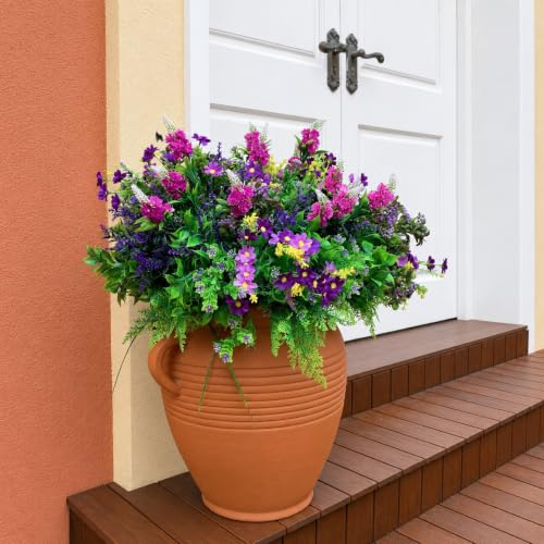 WAKISAKI 9-Bundle Multispecies Outdoor Artificial Flowers Bulk Fake Plants Plastic Flowers For Outdoors Garden Home Decoration (Magenta & Lavender, 9)