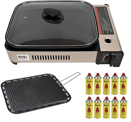 NJ Camping Gas BBQ Grill Plate Non-stick Deep Dish Pan Butane Stove Portable Cooker Glass LID (Gas Grill + 10 Canisters)