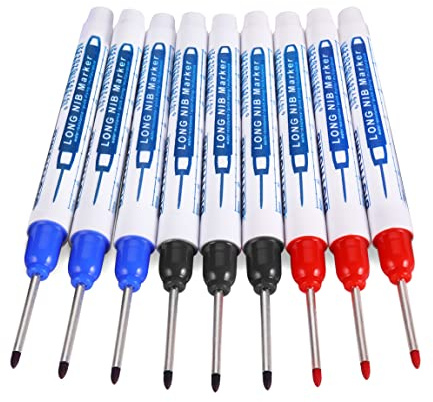Marqueur Trou Profond, Marqueur Charpentier, Feutre de Trou Profond à Pointe Longue de 30 mm, 9pcs Stylo Marquage Chantier pour Bricolage Metal Electricien Carrelage (Bleu Noir Blanc Rouge Vert)