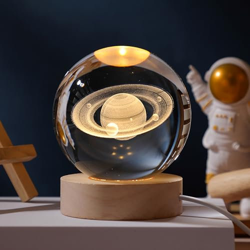 ZVO Sfera di cristallo 3D, 6cm luce notturna, lampada a LED 3D, scena notturna, astronomia, con base in legno, sistema USB, pianeta, sfera di vetro per compleanno, bambini, decorazione natalizia