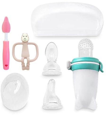 PBlessed Baby Weaning Essential- Food/Fruit Feeder Pacifier - Feeding Spoon for purees- Teat for Liquids and Teething Toy Teether | 7PCS 3in1 Silicone Feeder-inc. Bottle Brush and Storage case