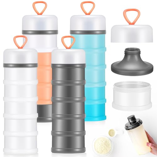 Baderke 4 Pcs Protein Powder Container 5 Layers Stackable Leakproof Container Powder Dispenser with Funnels Stand Keychain Flour Canister for Workout Fitness(Black, White, Blue, Pink)