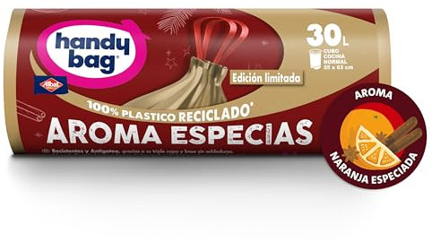 Handy Bag Bolsas de Basura Aroma Especias, 100% Reciclado, Extra Resistentes, Antigoteo, Autocierre, 30L, 8 Bolsas, 1 Paquete