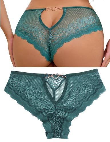 ohyeahlady Sexy Lace French Knickers Plus Size Thong Panties Womens Back Cut Out Brazilian Cheeky Underwear with Heart Shaped Chain Breathable Hipster Briefs Green 2XL