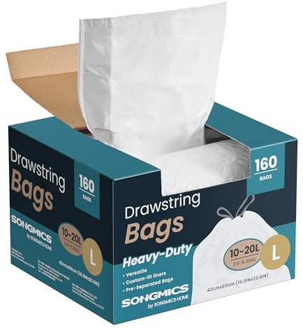 SONGMICS Sacchi Spazzatura, 20 L, Sacchetti per Immondizia Rifiuti con Manici a Cordoncino, 160 Pezzi, Codice L, Resistenti, Scatola per Estrazione Rapida, Bianco Crema KRB021A04