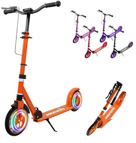 MEE GOO Foldable Kick Scooter for Kids & Teens with Shock Absorption, Adjustable Handlebar Height, LED Light, Dual Brakes (Hand + Rear), 8 Wheels, Non-Slip Deck, Up to 100kg（220lbs） (Orange)