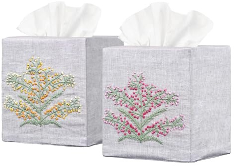 EmbroideryLinen.VN Tissue Box Cover Set of 2, Square Linen Tissue Holder, French Knot Hand Embroidered Floral Design, 4.5x4.5x5.5 Inches, Decorative Holder for Bathroom, Living Room, Office (Grey)