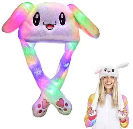 Aoreun Chapeau de Lapin en Peluche avec Oreilles Mobiles, Bonnet d'oreille de Lapin LED Peluche pour Adultes et Enfants, Amusant Chapeau en Peluches pour Maquillage, Cosplay, Fête de Noël (Blanc)