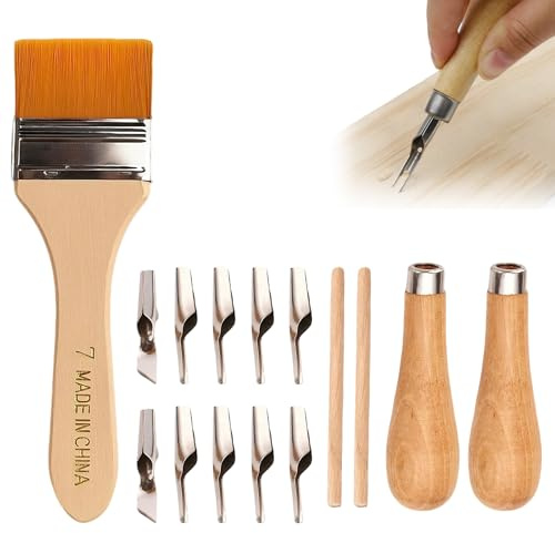 2 Set Lino Cutting Tools, Linoleum Cutter Tools with 1 Cleaning Brush Cutting Printing Tool Kit Professional Linocut Kit Wood Handle Linoleum Carving Suitable for Lacquer Oil Paintings Cleaning