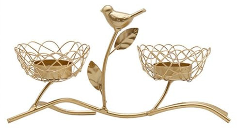 URPIZY Portavelas dorado con diseño de pájaro y nido con forma de rama de árbol para decoración del hogar, base redonda estable, decoración de mesa romántica