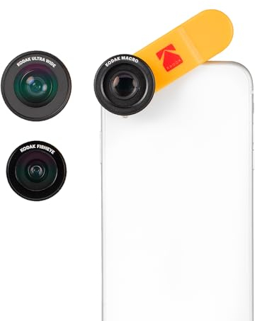 KODAK 3-in-1 Vorsatzlinsen-Set für Smartphones bestehend aus 100° Weitwinkel-, 15x Makro- und 170° Fischaugen-Objektiv (Universelle Clip-Befestigung, Funktioniert auch mit MultiCams & Frontkameras)