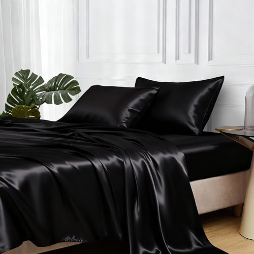 MR&HM Satin Sheets Full Size with Elastic Corner Straps, Black