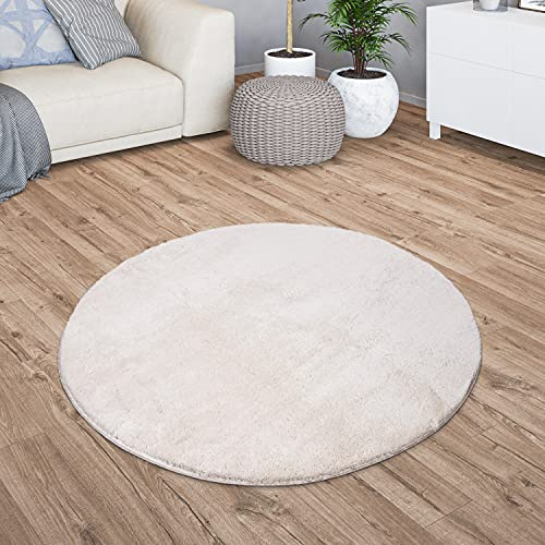 TT Home Wohnzimmer Teppich Kurzflor Anti-Rutsch Rückseite Unifarben Modern Waschbar, Farbe: Creme, Größe:120 cm Rund