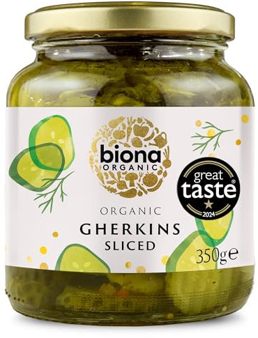 Biona Organic Gherkin Slices 350 g, Pack of 6 - Great Taste Award 2024 Winner - Grown and Harvested Organically - Pre Sliced For Convenience - Pickled in Vinegar, Mustard Seeds and Dill