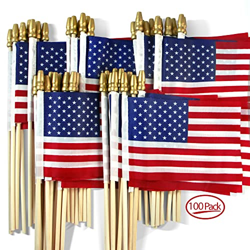 Anley LOT OF 100 - USA 4x6 i träpinneflagga - 4 juli dekoration, veteranfest, gravmarkering, etc. - Handhållen amerikansk flagga med barnsäker gyllene spjuttop (pack med 100)
