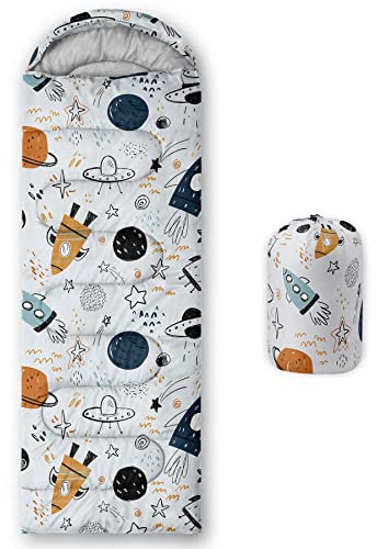 Datura home Kids Sleeping Bag for Boys Girls,Cartoon Spaceship Print-Lightweight Warm Portable Outdoor Indoor-Waterproof Cold Weather Resistant Sleeping Bag for Camping Hiking(Spaceship)
