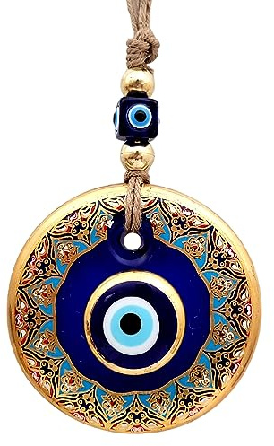 Candymosa 4.3 Glass Blue Evil Eye Wall Hanging Floral Design Gold Ornament - Home Protection Charm - Evil Eye Wall Decor - Turkish Nazar Amulet