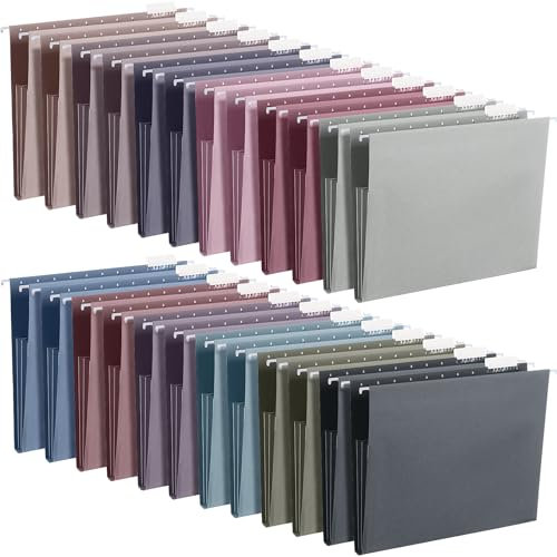 Yaomiao 24 Pack Hanging File Folders 3 Pleats Letter Size File Cabinet Folders with 1/5-Cut Adjustable Tabs Expandable Document Cabinet Colored for Home Desk Office Organization(Retro Color)