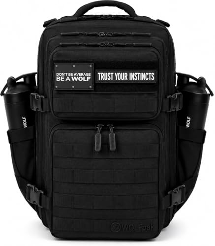 WOLFpak 35L Athletic Gym Backpack - Durable 1000D Waterproof Oxford Material with MOLLE Webbing, Laptop Pocket & Dual Cup Holders, Durable Fitness/Travel/Military Daypack (Alpha Black)