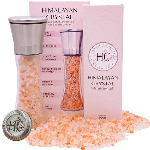 HC Moulin à sel rose de l'Himalaya et moulin à sel rose de l'Himalaya 200 g | Recharge de sel gemme de l'Himalaya supplémentaire | Sel rose de l'Himalaya avec moulin à sel et poivre | Moulin à sel et