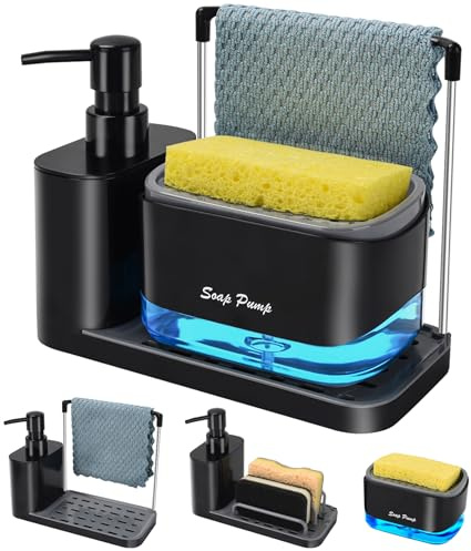 Juego de dispensador de jabón para Manos y Platos con Bandeja, Organizador 5 en 1 y de jabón Doble con Soporte para Esponja y Soporte para paños de Cocina, para Fregadero de Cocina y encimera (Negro)