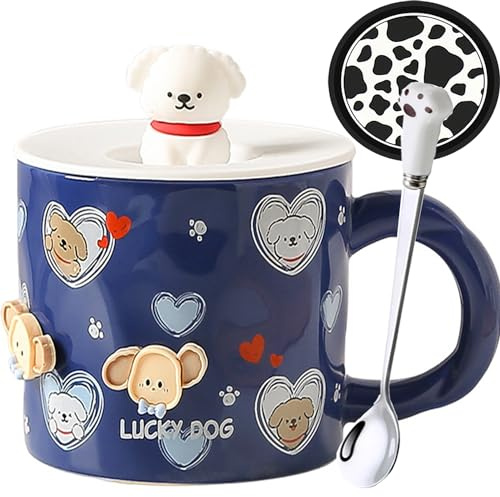 Arawat 3D-koppar med lock och sked, kawaii-keramikkopp, 400 ml, söt födelsedagspresent för hundar
