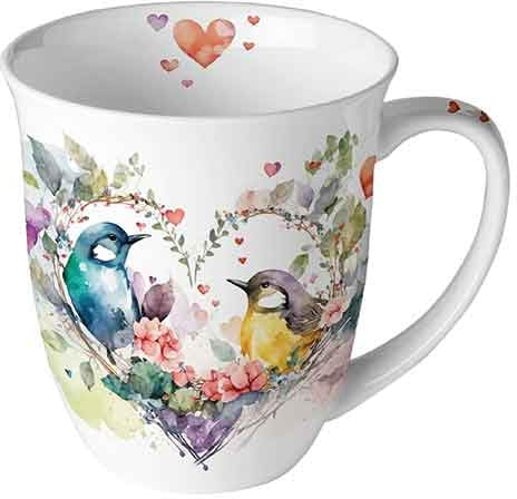 Ambiente Porzellan Tasse ca. 400ml Becher Bone China Mug Für Tee Oder Kaffee Floral Loving birds