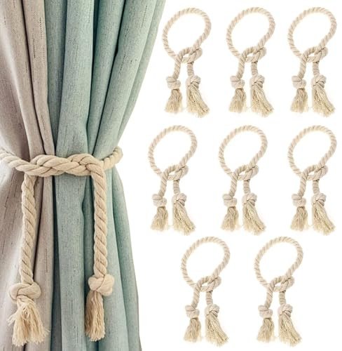 8 Piezas Alzapaños Cortinas, Tiebacks de Cortina Trenzados a Mano, 100 cm Retención de Cuerda de Cortina Cortinas Decoración de Sala de Estar para Dormitorio Salón y Oficina (Beige)