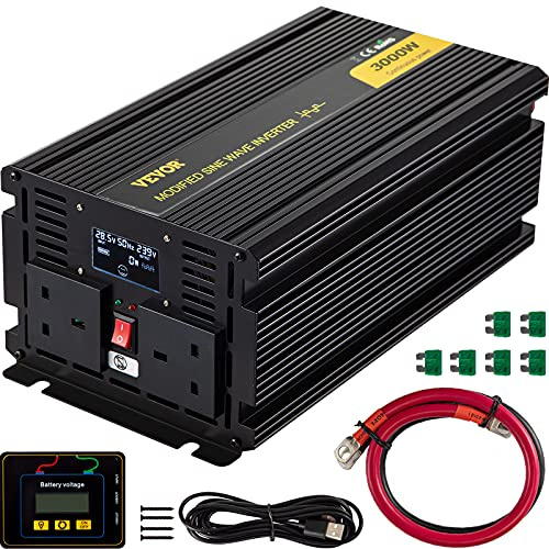 VEVOR Invertitore Onda Sinusoidale Modificata Potenza 3000W a 6000W Trasformatore Tensione 24V CC a 240V CA, Inverter Sinusoidale Modificata con Schermo LCD, Telecomando LCD con Cavo e Manuale Utente