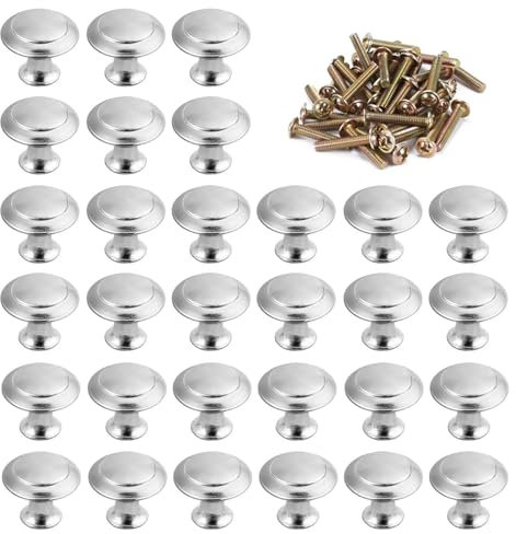 Luabue 30Pcs Chrome Cabinet Knobs 30mm Drawer Door Knob Silver Kitchen Cupboard Knobs Round Mushroom Pull Handles with Screws for Wardrobe Dresser Bathroom Rack Bedroom Furniture