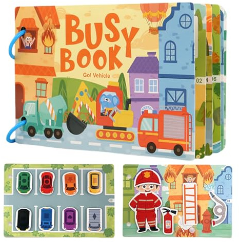 TLHWIN Libro delle attività per Bambini, Tema Veicoli e Città, Libro Educativo con Illustrazioni Colorate, Gioco Interattivo.Adatto a Bambini e Bambine di 2 Anni
