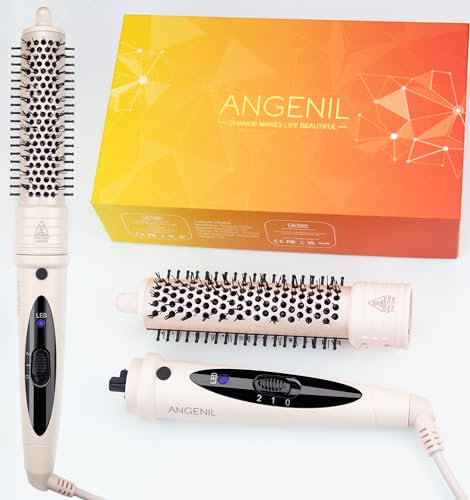 ANGENIL Thermal Brush for Hair, Heated Round Brush for Voluming and Straightener, Tourmaline Ceramic Curling Iron, Frizz-Free, Negative Ion, Beachwave, Dual Voltage, Detachable, Pink 32 mm