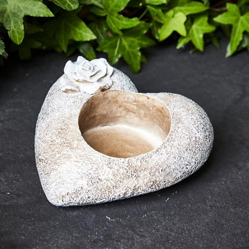 3 Pagen® Grabschmuck Herz mit Rose, Grablichthalter Herzform wetterfest, Gedenkstein mit Halter für Grabkerze, Grabdeko Grabdekoration Trauerstein, frostsicher, 15 x 15 cm