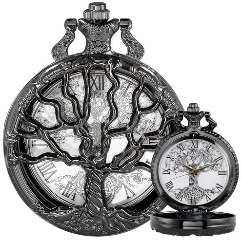 DerMacht Pocket Watch Hollow Tree Design Roman Numerals Quartz with Chain (Black)