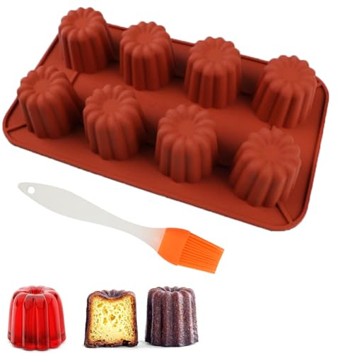 8 Cavities Mini Cannelé Silicone Mould, Diameter 5.6 mm Cavities Non-Stick Cannelé Silicone Mould, Caneles Moulds for Chocolate, Jelly, Pudding (with 1 Brush)