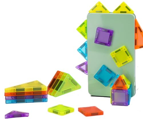 Smavles Mini Magnetic Tiles for Kids Travel 50Pcs Magnetic Building Blocks with Iron Box, Portable Mini Magnetics Tiles Travel Set for 3+ Year Old Boys Girls Learning (Random Color)