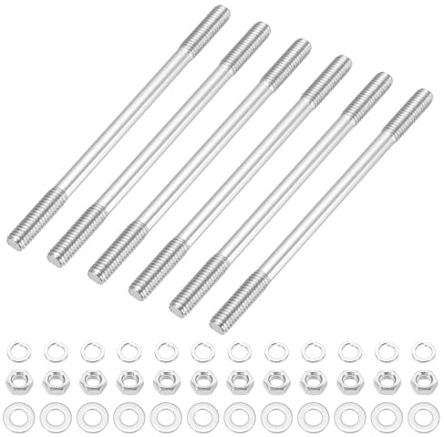 sourcing map 6Set M6x100mm Double Ended Stud Screws, 304 Stainless Steel Dual Threaded Rod Bar Bolts Studs with Nut Washer for House Maintenance Structural Anchoring Fastening Screw