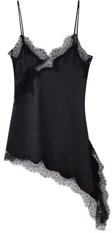 Negligé de satén para mujer con dobladillo de encaje asimétrico - Delicado camisón con tirantes ajustables | Seductor vestido de lencería para noches especiales, L
