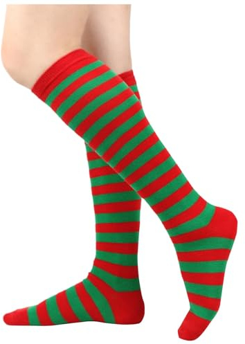 Générique Chaussettes Hautes de Noël Femme, Chaussettes Hautes Femme Noël, Chaussette Haute Noel D'hiver Douces à Rayures Chaussette Lutin Costume de Noel Vacances Cosplay Cadeau D'anniversaire