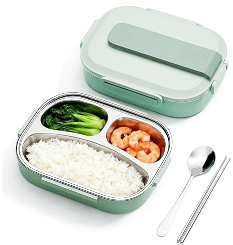 Boîte à lunch thermique 1000 ml 3 compartiments Boîte à lunch isolée en acier inoxydable avec couvercle étanche et couverts Récipient de nourriture chaude de capacité pour les étudiants e